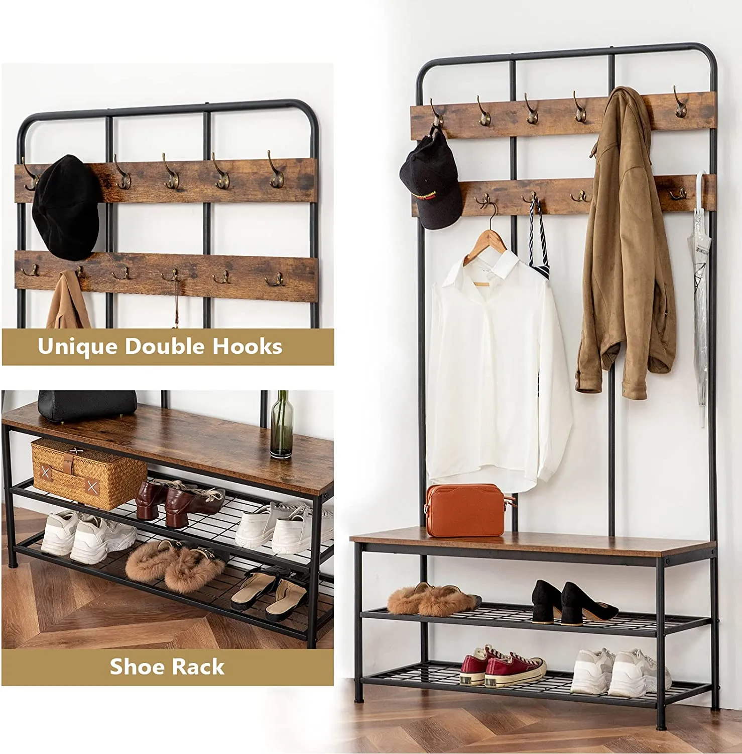 Hall Tree, Entryway bench with Coat Rack, Shoe Rack Organizer