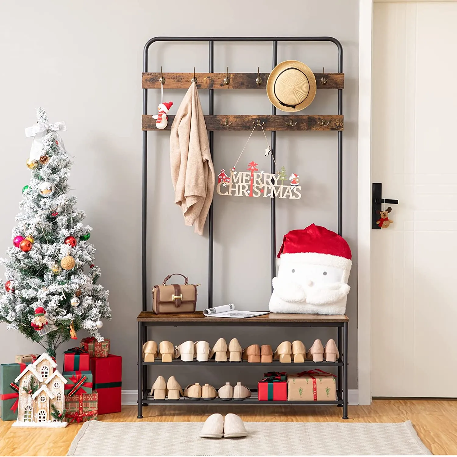 Hall Tree, Entryway bench with Coat Rack, Shoe Rack Organizer