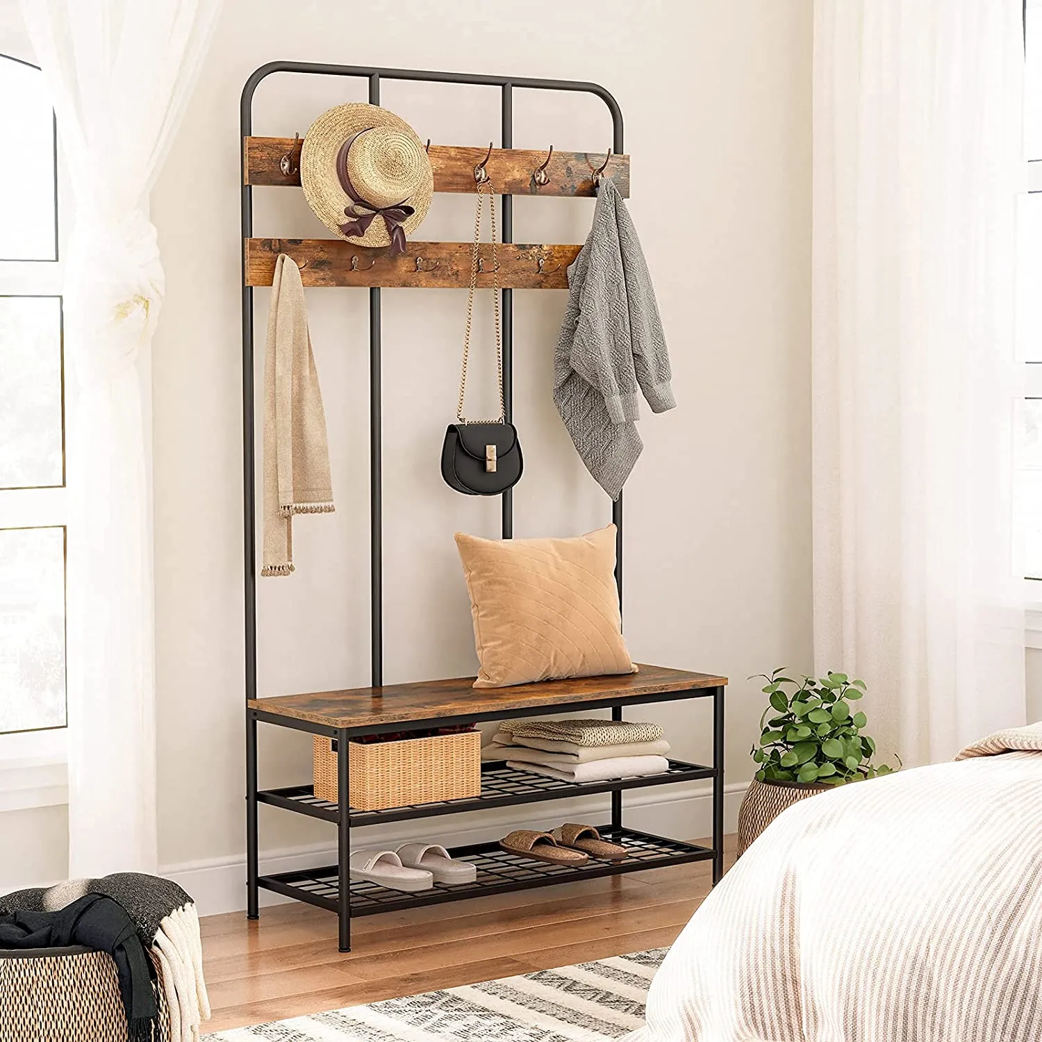 Hall Tree, Entryway bench with Coat Rack, Shoe Rack Organizer