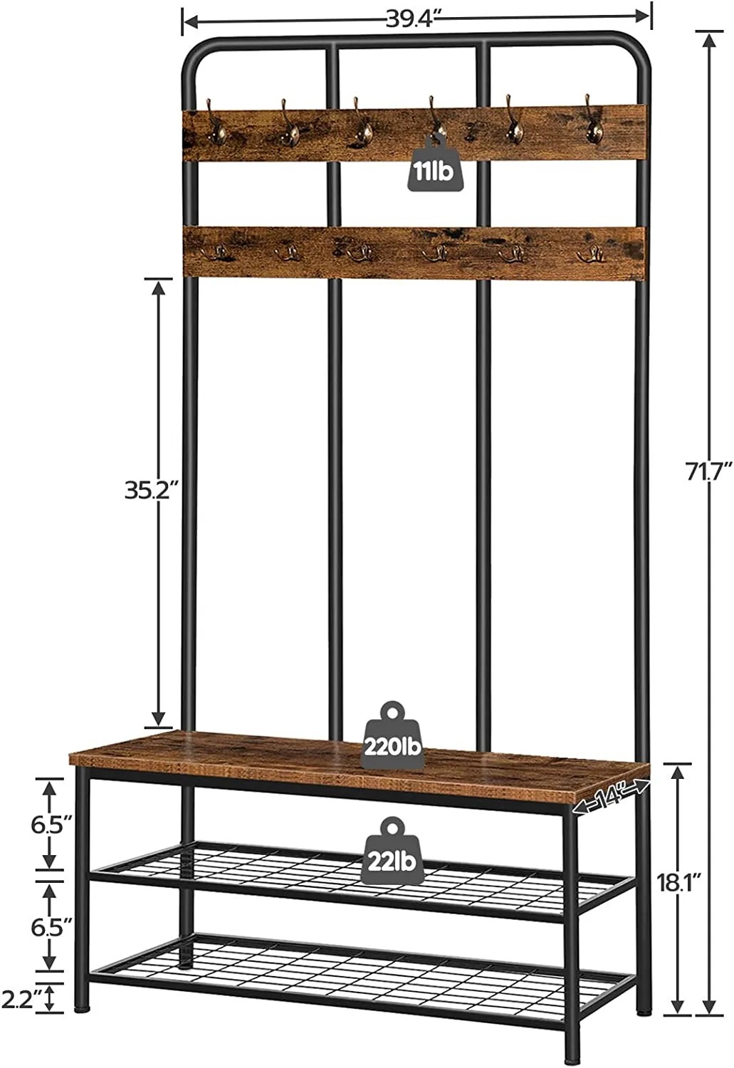 Hall Tree, Entryway bench with Coat Rack, Shoe Rack Organizer